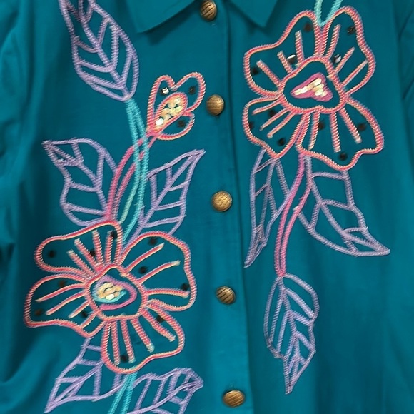 Alex Kim Floral & Applique Embroidered Jacket, PXL, deep turquoise, pink lining - Picture 9 of 12
